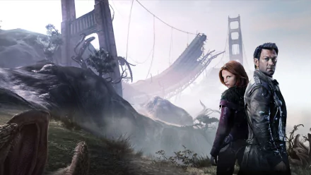 HD desktop wallpaper featuring Irisa Nyira and a companion from the TV show Defiance, set against a post-apocalyptic landscape with a broken bridge in the background.
