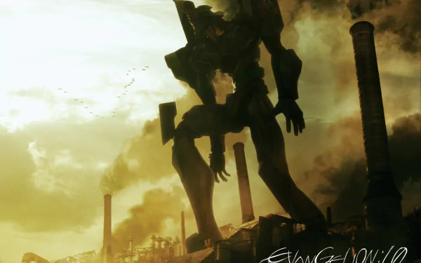 A dramatic HD wallpaper of Evangelion Unit-01 towering over an industrial landscape, with a moody sky reflecting the themes of Neon Genesis Evangelion.