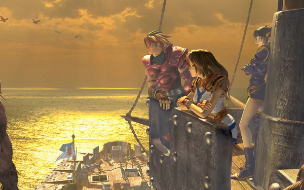 HD PC desktop wallpaper/background from the video game The Legend of Dragoon: three characters lean on a ship's mast, gazing over a golden sea and sunset.