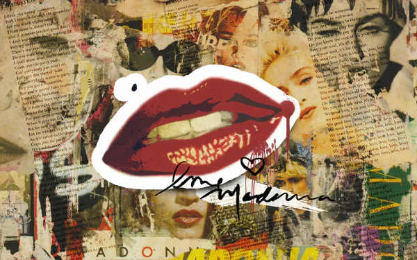 HD PC desktop wallpaper: gritty pop-music collage with red stylized lips, handwritten signature and layered magazine faces evoking a classic pop icon.