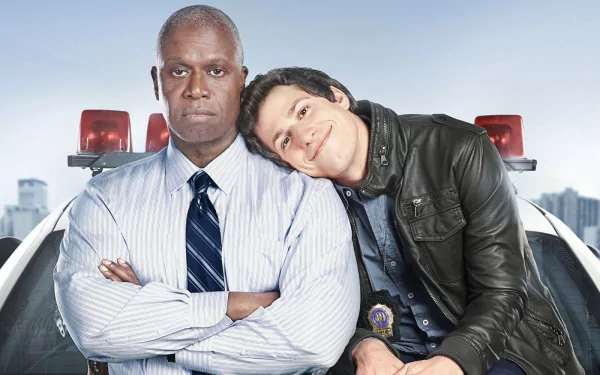 HD wallpaper of characters from Brooklyn Nine-Nine with Jake Peralta leaning on Raymond Holt in front of a police car.