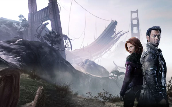 HD desktop wallpaper featuring Irisa Nyira and a companion from the TV show Defiance, set against a post-apocalyptic landscape with a broken bridge in the background.