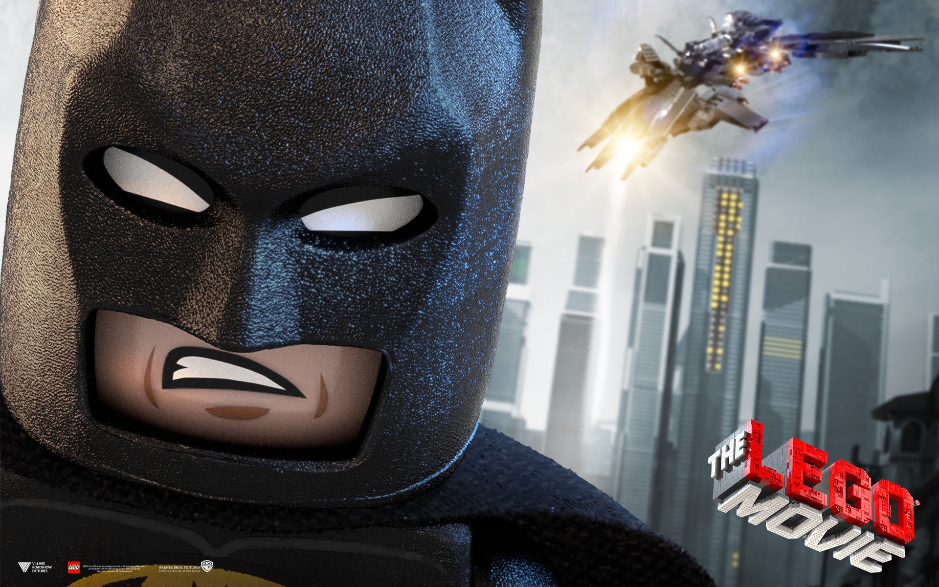 HD desktop wallpaper featuring Lego Batman from The Lego Movie with a cityscape and flying vehicle in the background.