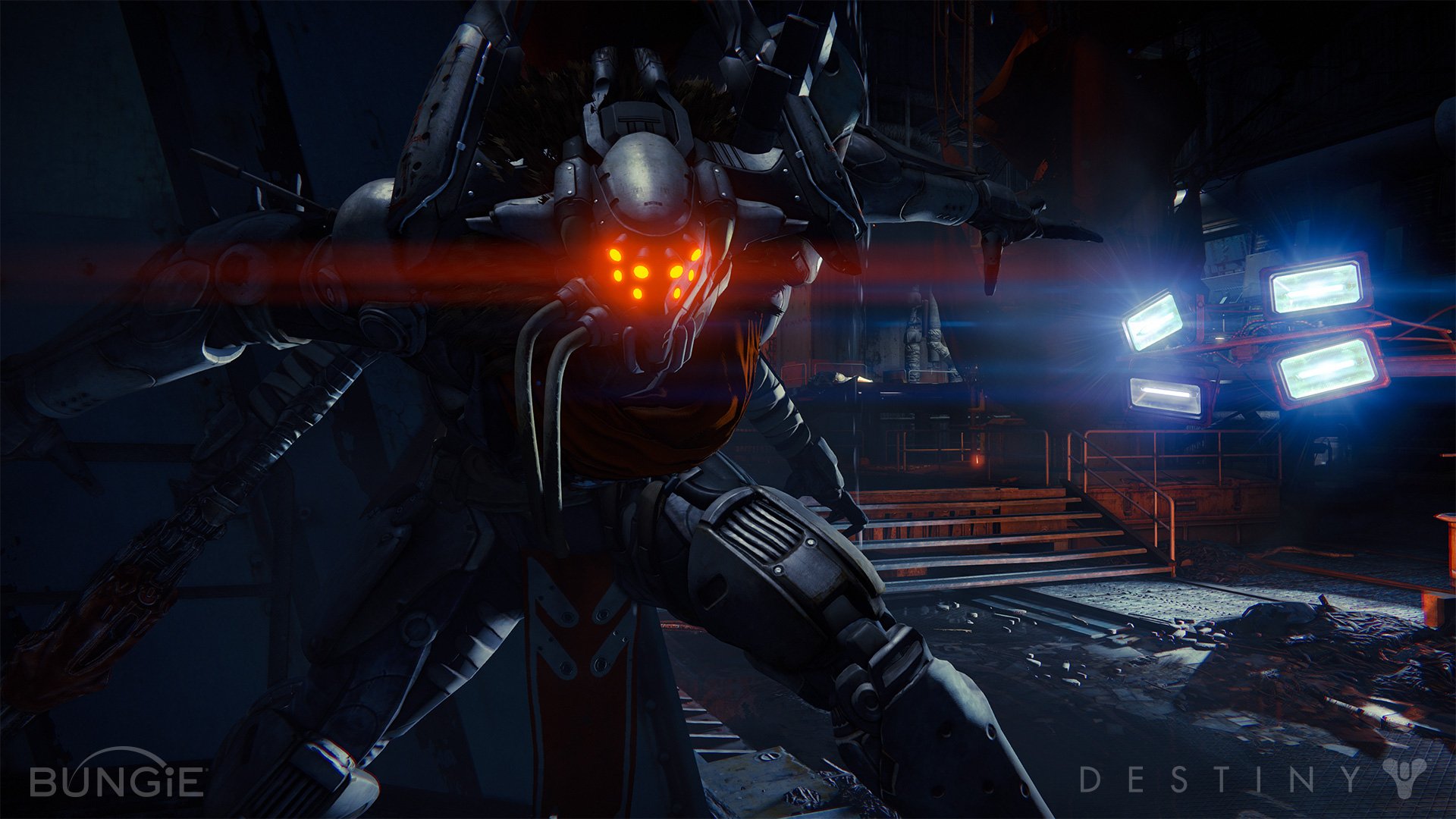 HD PC desktop wallpaper featuring a dark, futuristic armored character from the Destiny video game, set in a high-tech, dimly lit environment.
