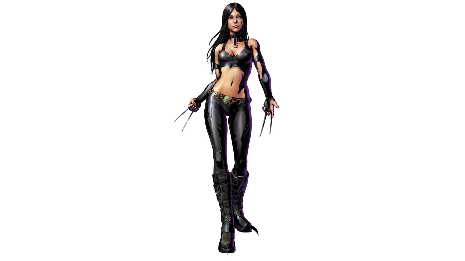 HD PC desktop wallpaper featuring a confident female character from the X-Men comic series, wearing black attire and iconic clawed gloves.