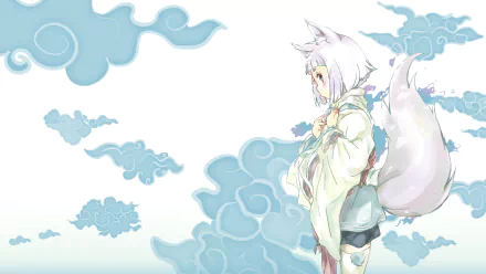 A serene HD wallpaper featuring Kon from Tokyo Ravens, depicted with fox ears and a tail, set against a dreamy backdrop of soft clouds in shades of blue and white.