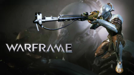HD PC desktop wallpaper featuring a Warframe character aiming a large futuristic weapon in a dark, atmospheric setting from the video game Warframe.