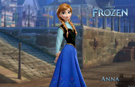 HD desktop wallpaper featuring Anna from Disney's movie Frozen, set in a cobblestone street background under a clear sky.