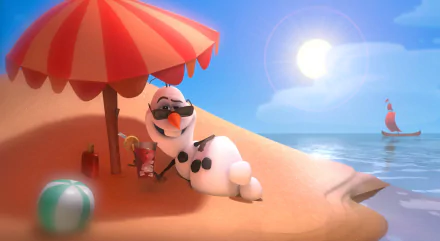 HD desktop wallpaper featuring Olaf from Frozen relaxing under a beach umbrella on a sunny, sandy beach, complete with a beach ball and ocean in the background.