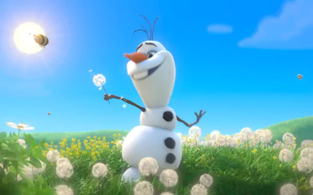 HD desktop wallpaper featuring Olaf from Disney's Frozen, joyfully playing in a sunny meadow with dandelions.