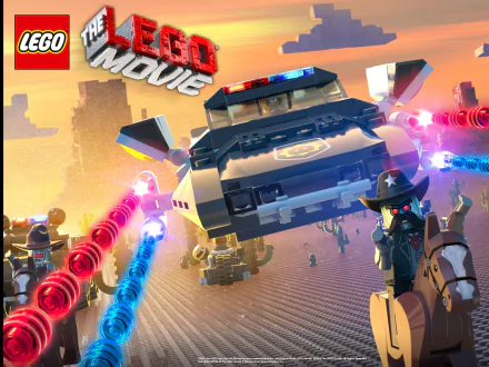 A vibrant scene from The Lego Movie featuring a LEGO police car with flashing lights, set against a desert backdrop, showcasing action and adventure in a colorful, animated style.