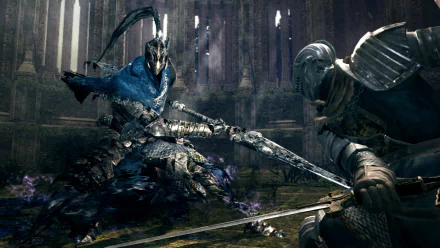 An intense scene from Dark Souls featuring Artorias, a legendary knight, preparing to battle in a dark, atmospheric setting. This HD wallpaper captures the game's iconic aesthetic.