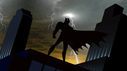 HD PC desktop wallpaper featuring Batman silhouetted against a stormy sky with lightning, inspired by Batman: The Animated Series.