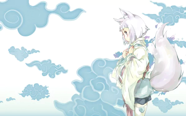 A serene HD wallpaper featuring Kon from Tokyo Ravens, depicted with fox ears and a tail, set against a dreamy backdrop of soft clouds in shades of blue and white.