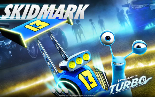 HD PC desktop wallpaper of Skidmark from the movie Turbo: blue number 12 racing vehicle with glowing lights, stylized track and silhouetted crowd in the background.