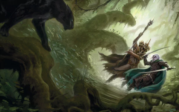 Fantasy-themed Dungeons & Dragons HD desktop wallpaper depicting two adventurers battling a shadowy creature amid a dense, mystical forest.