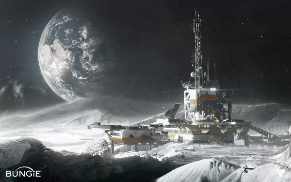 HD desktop wallpaper from the video game Destiny, featuring a futuristic moon base with a large Earth in the background, branded by Bungie.