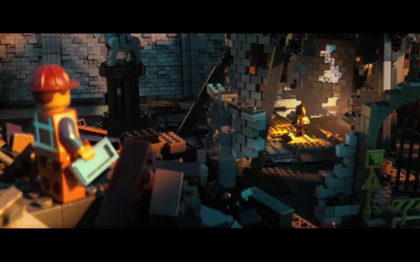 HD PC desktop wallpaper from The Lego Movie: Emmet and Wyldstyle navigate a dark, ruined LEGO interior lit by warm orange firelight and scattered bricks.