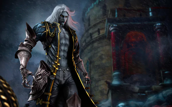 HD PC desktop wallpaper featuring a dark, armored character from the video game Castlevania: Lords of Shadow 2 standing before a gothic castle backdrop.