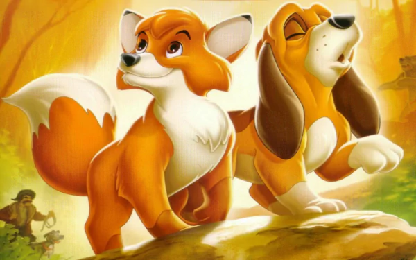 HD PC desktop wallpaper featuring characters Tod and Copper from the movie The Fox and the Hound in a bright, autumn forest setting.