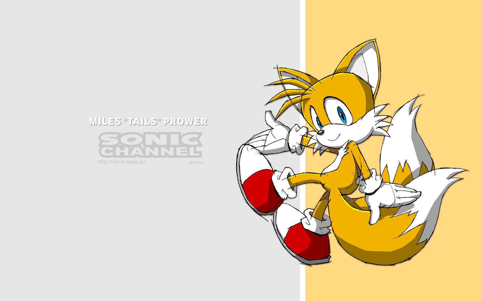 HD PC desktop wallpaper featuring Miles 'Tails' Prower from the Sonic the Hedgehog video game series, with a minimalist split background and Sonic Channel branding.