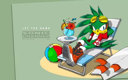 Jet the Hawk relaxes on a beach chair, sipping a colorful drink, in this vibrant HD Sonic Channel wallpaper from the Sonic the Hedgehog video game series.