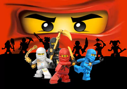 HD desktop wallpaper featuring Cole, Zane, Jay Walker, and Kai from the TV show Lego Ninjago: Masters Of Spinjitzu, with a bold red background depicting intense eyes and action silhouettes.