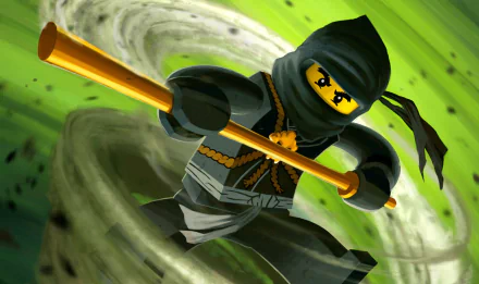 HD desktop wallpaper featuring Cole from Lego Ninjago: Masters of Spinjitzu, showcasing the character in action with a golden staff against a dynamic green background.