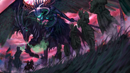 HD PC desktop wallpaper featuring a dark, fantastical scene from the video game Rift with shadowy figures and a glowing, horned creature against a vibrant, ominous sky.