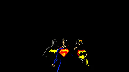HD PC desktop wallpaper featuring silhouetted Wonder Woman, Superman, and Batman from DC Comics, representing the Justice League in a bold, dark background design.