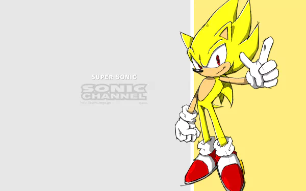 HD wallpaper featuring Super Sonic from the Sonic the Hedgehog video game series. Super Sonic stands confidently with a yellow and gray background and the text Super Sonic Sonic Channel beside him.