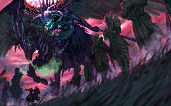 HD PC desktop wallpaper featuring a dark, fantastical scene from the video game Rift with shadowy figures and a glowing, horned creature against a vibrant, ominous sky.