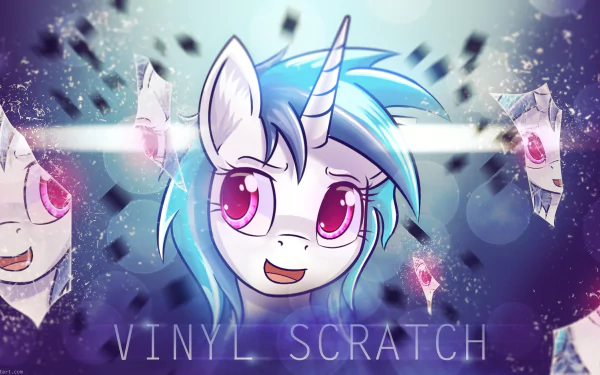4K Ultra HD desktop wallpaper featuring Vinyl Scratch (DJ Pon-3) from My Little Pony: Friendship Is Magic with vibrant blue hair and glowing pink eyes.