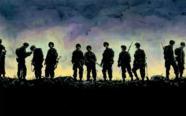 HD desktop wallpaper featuring a silhouette of soldiers from the TV show Band Of Brothers against a twilight sky.