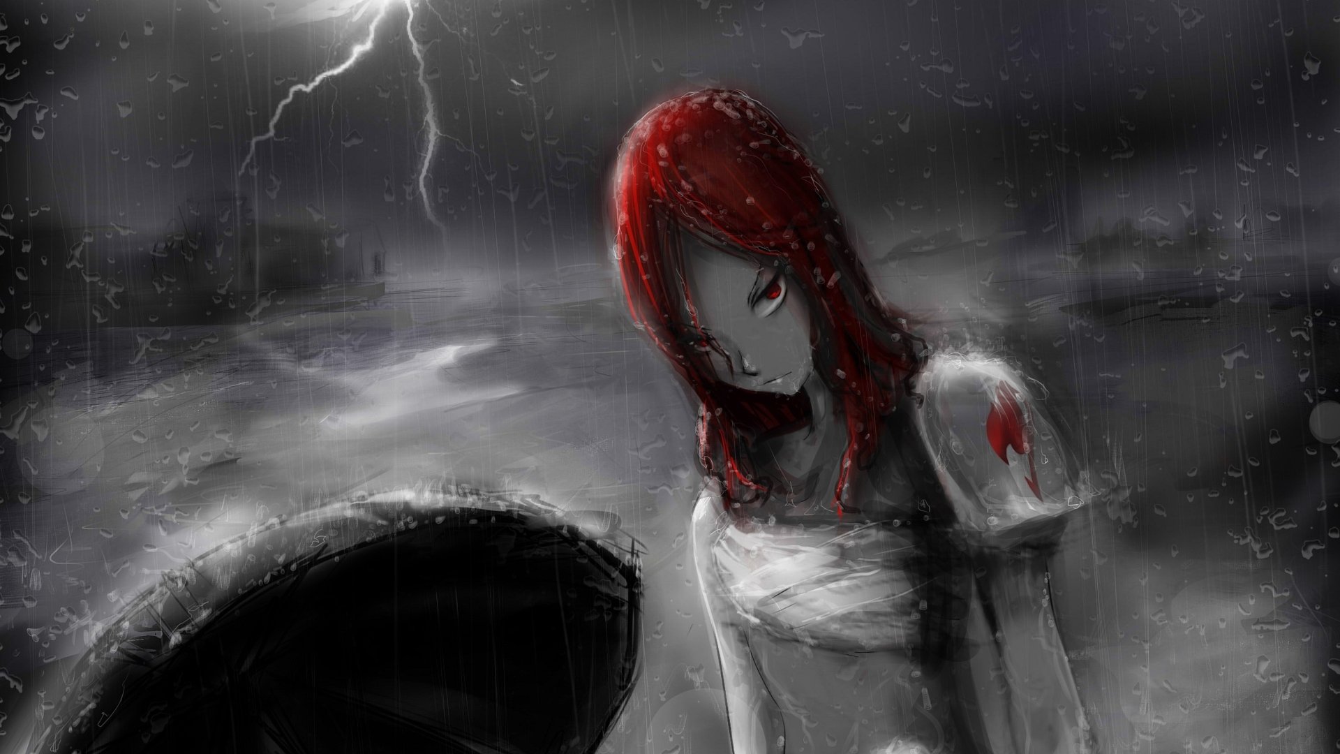 A dramatic HD wallpaper of Erza Scarlet from the anime Fairy Tail, featuring a shadowy landscape with lightning and a moody atmosphere.