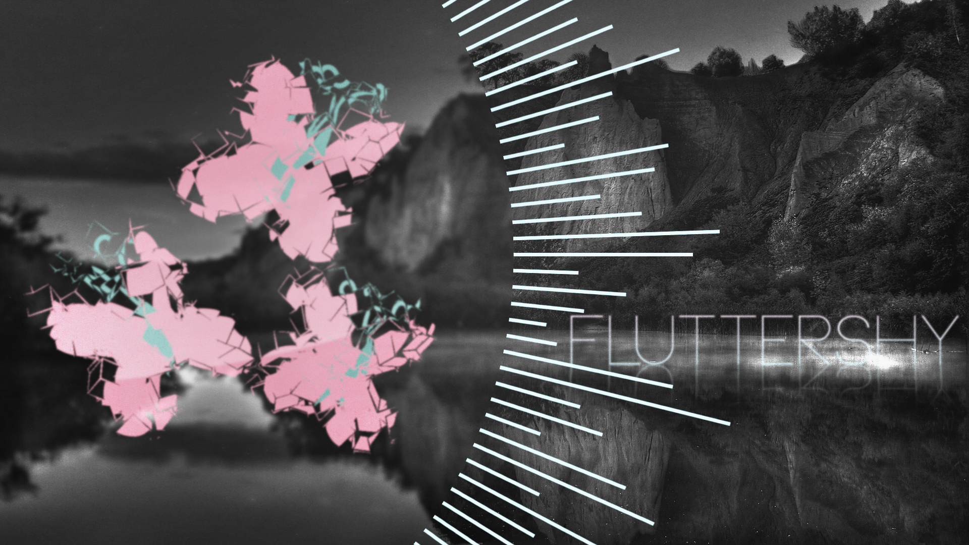 HD PC desktop wallpaper: stylized Fluttershy logo and mirrored mountain lake, radial audio-wave lines and FLUTTERSHY text — My Little Pony: Friendship Is Magic TV show logo/background.