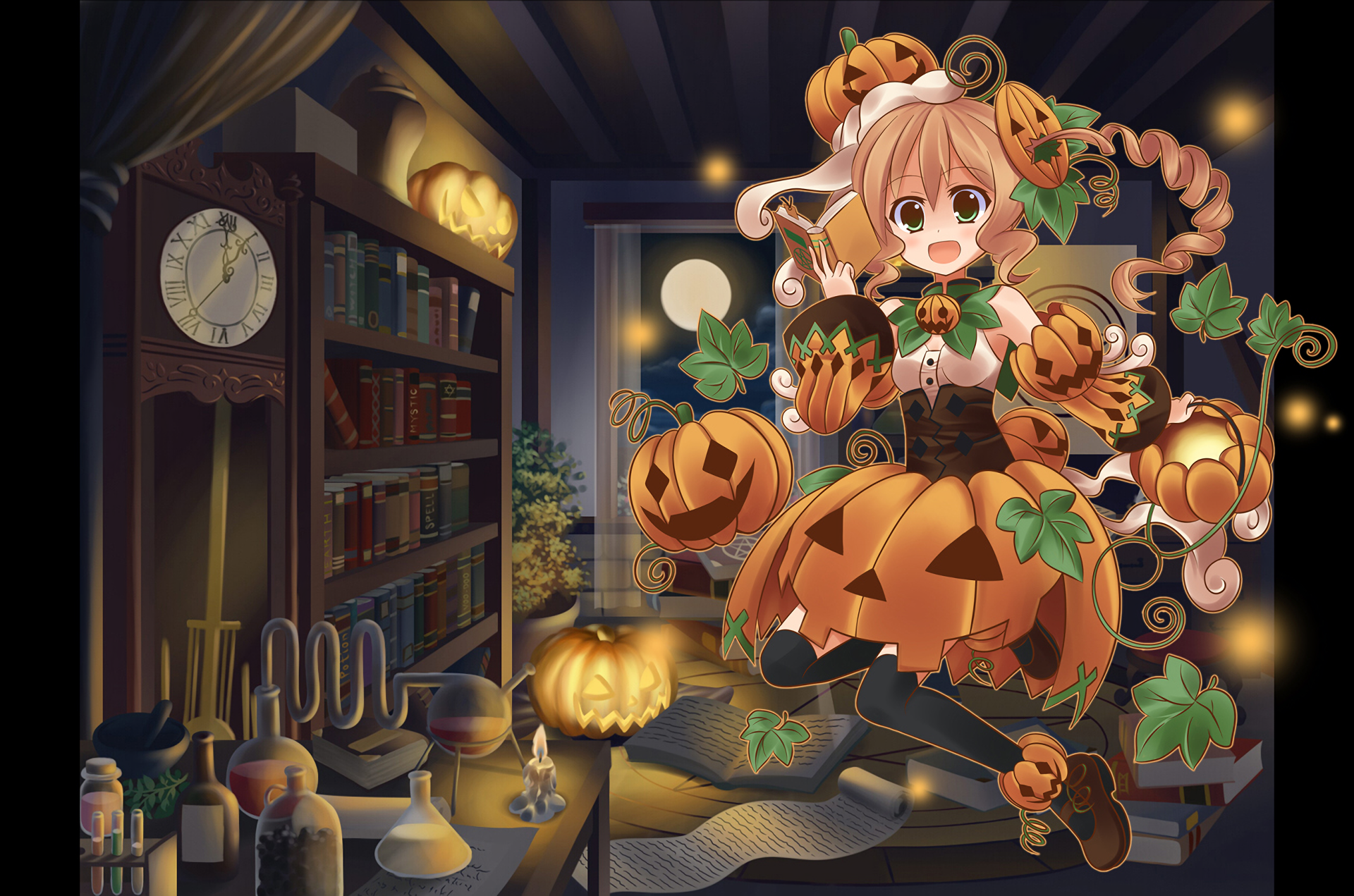 HD anime Halloween desktop wallpaper featuring a cheerful girl dressed in a pumpkin-themed outfit surrounded by glowing jack-o'-lanterns in a cozy, dimly lit room.