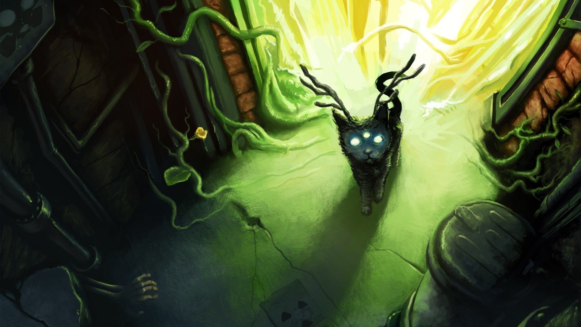 HD PC desktop wallpaper from the comic Romantically Apocalyptic, featuring a glowing-eyed creature emerging from a mysterious, green-tinged environment.