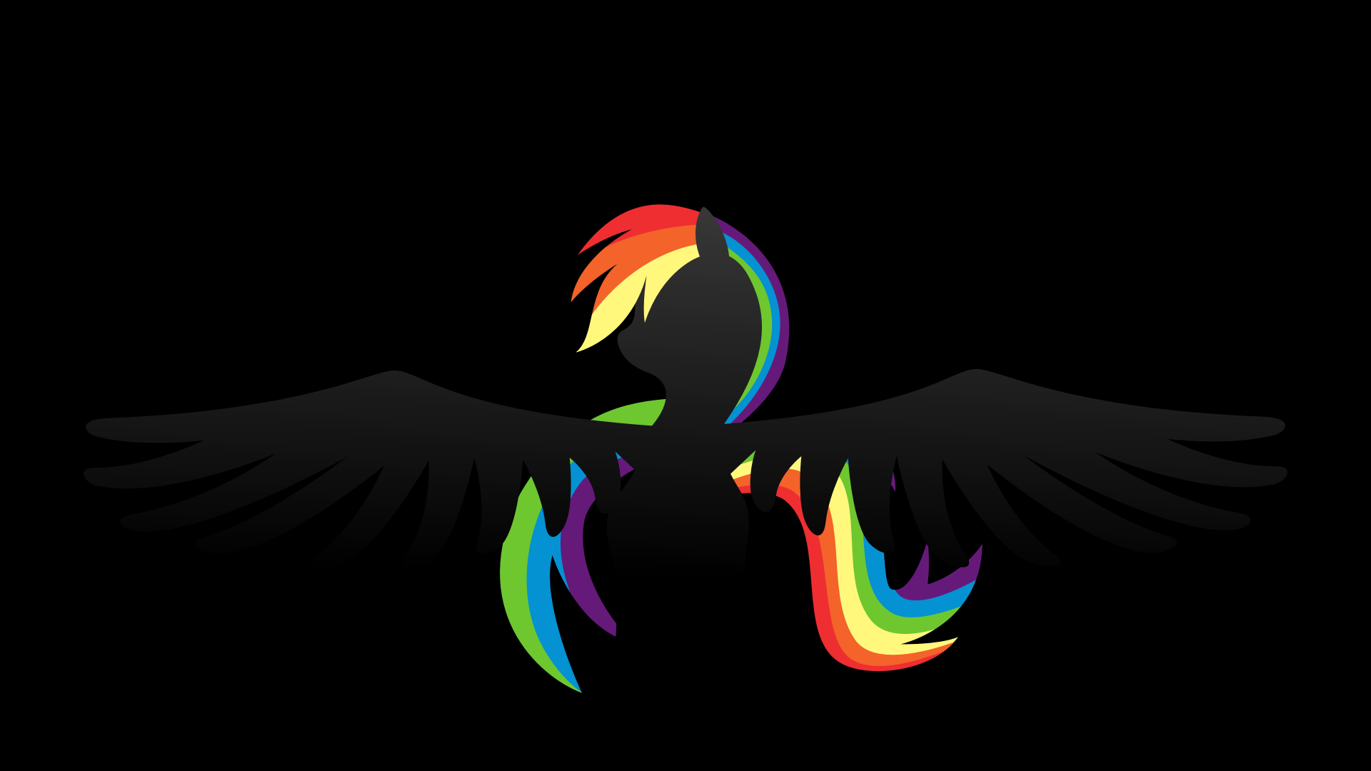 Silhouette of Rainbow Dash from My Little Pony: Friendship Is Magic with vibrant rainbow-colored hair and wings on a black background, in 4K Ultra HD resolution.
