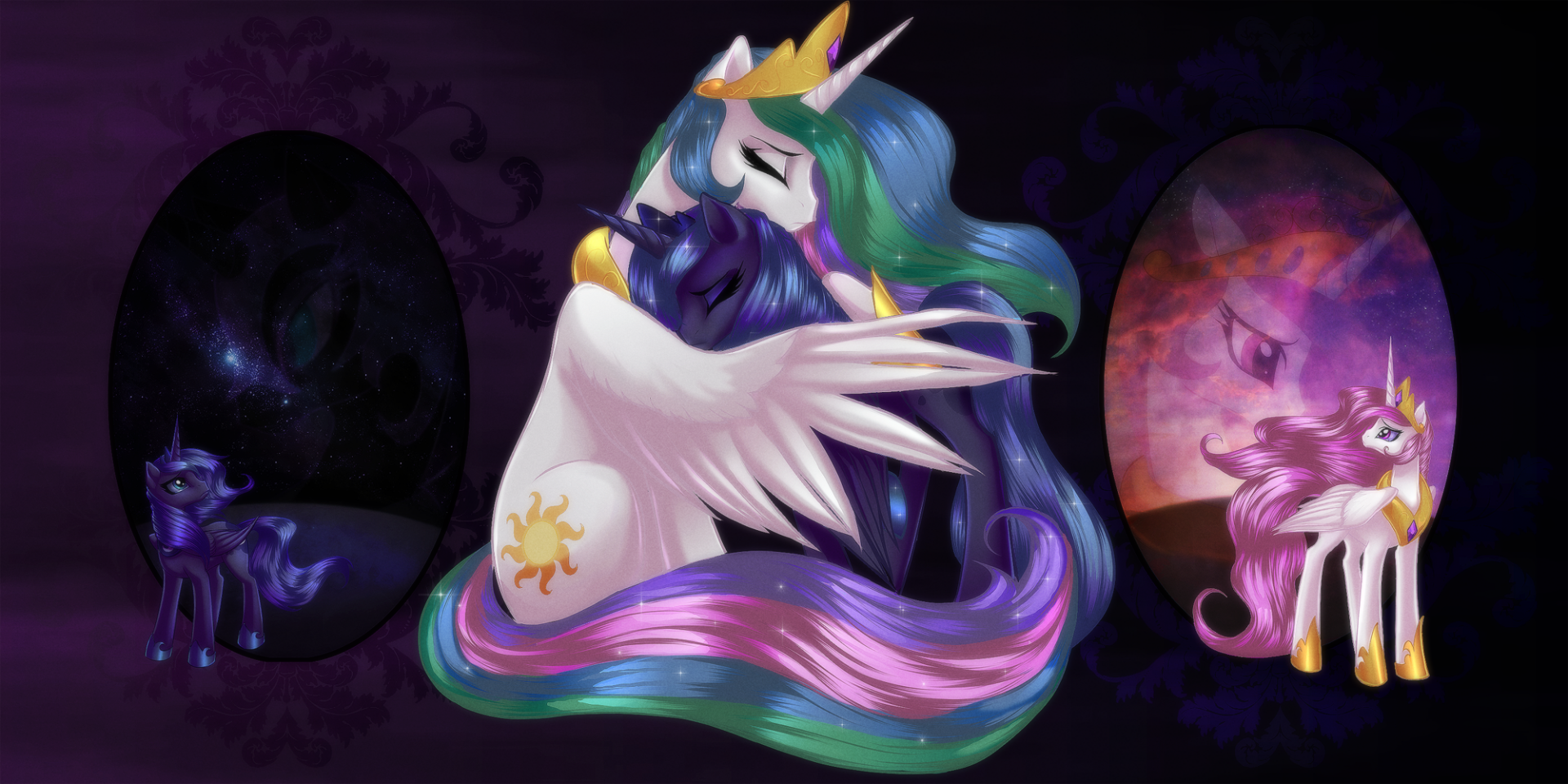 HD My Little Pony: Friendship Is Magic wallpaper featuring Princess Celestia embracing Princess Luna, with both characters portrayed in a serene, magical scene.