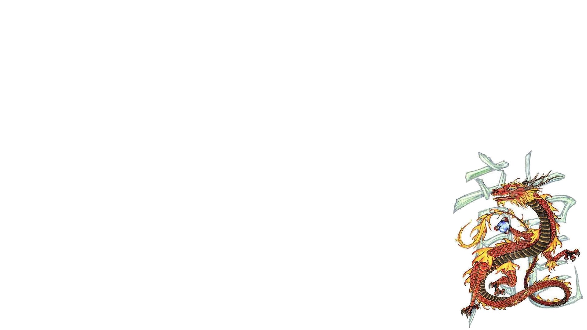 HD fantasy PC desktop wallpaper featuring a detailed, colorful dragon coiled with green and orange scales on a white background.