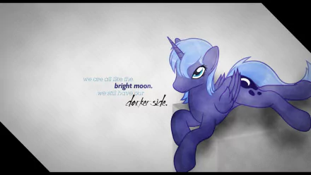Vector art of Princess Luna from My Little Pony: Friendship Is Magic on an HD desktop wallpaper with the quote, We are all like the bright moon, we still have our dark side.