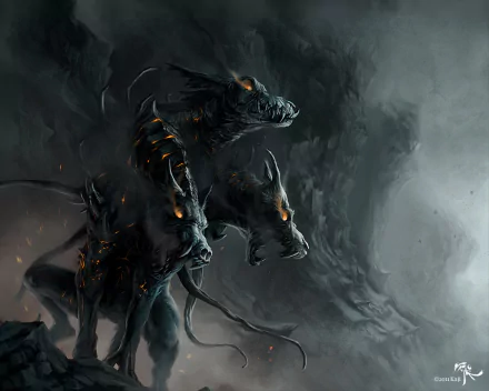 A dramatic HD wallpaper featuring Cerberus, the mythical three-headed dog, surrounded by swirling shadows and glowing eyes, embodying a powerful fantasy atmosphere.
