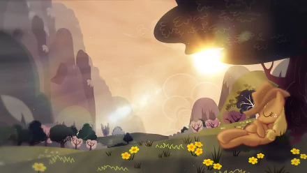 HD vector wallpaper featuring Applejack from My Little Pony: Friendship Is Magic resting peacefully under a tree in a serene, sunlit landscape.