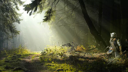 A fantasy-themed HD wallpaper featuring a knight standing amidst a sunlit forest, with beams of light filtering through the trees and casting a serene glow on the mossy ground.