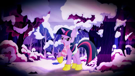 HD vector wallpaper of Twilight Sparkle from My Little Pony: Friendship Is Magic, set in a snowy, purple-hued forest scene for a PC desktop background.