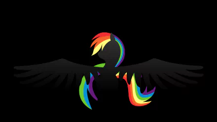 Silhouette of Rainbow Dash from My Little Pony: Friendship Is Magic with vibrant rainbow-colored hair and wings on a black background, in 4K Ultra HD resolution.