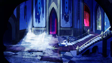 HD desktop wallpaper showing a ruined castle interior from My Little Pony: Friendship Is Magic, moonlit halls with torn banners, glowing doorways, a grand staircase and a flooded stone floor.