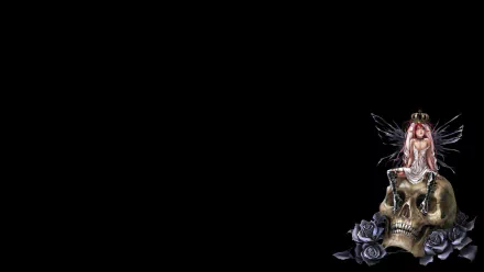 A fantasy fairy sits gracefully on a skull, adorned with a crown, surrounded by dark roses, set against a sleek black background. This HD wallpaper offers a mystical aesthetic.