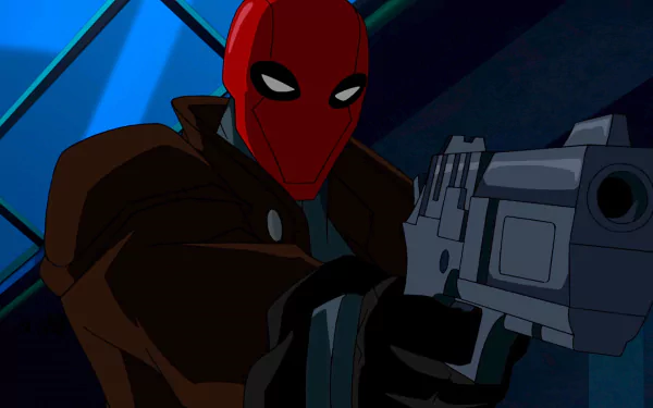 A striking HD wallpaper featuring Red Hood, also known as Jason Todd, wielding a gun from the animated movie Batman: Under the Red Hood. Bold colors and dynamic composition capture his intense presence.